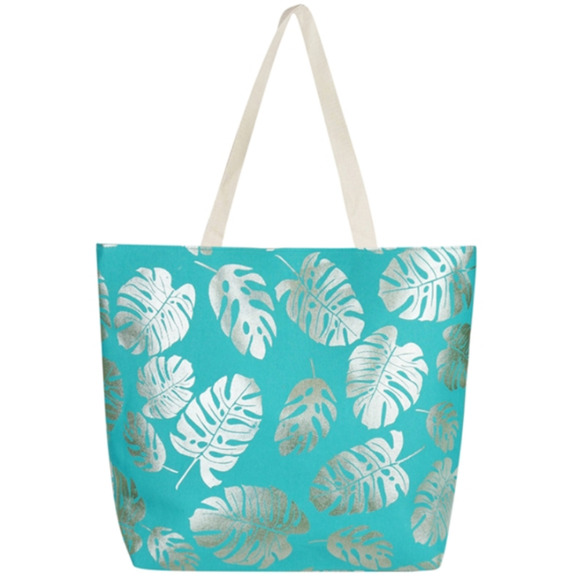 Beach Bag Silver Foil Tropical Leaf Turquoise NWT - Picture 4 of 4